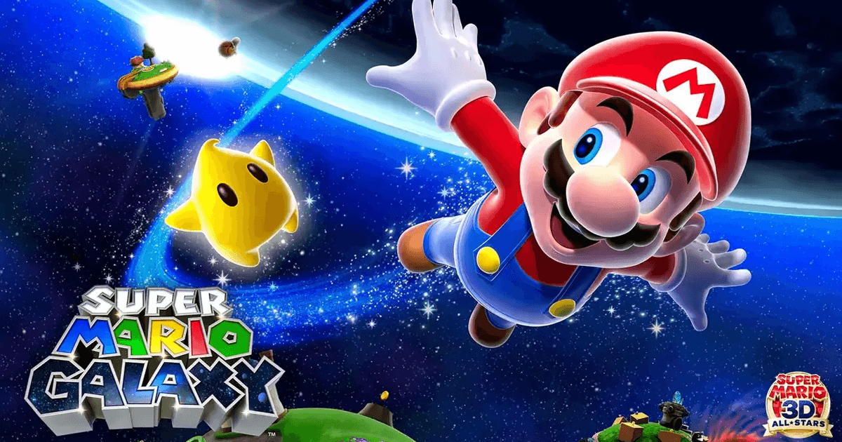 Super Mario Galaxy Keyart showing mario flying through the galaxy together with a little star