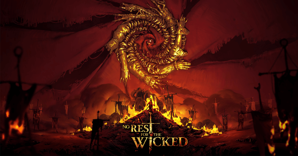 No Rest for the Wicked Keyart showing the logo and a burning world