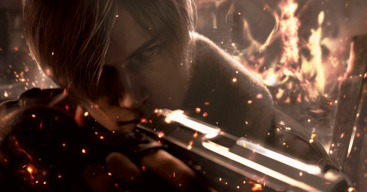 A closeup on Leon from Resident Evil 4 Remake with his pistol in hand