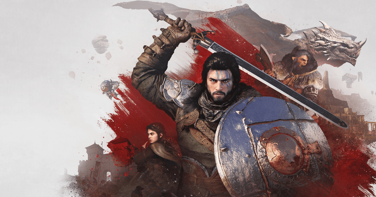 Crimson Desert Keyart showing all 3 main characters and a dragon