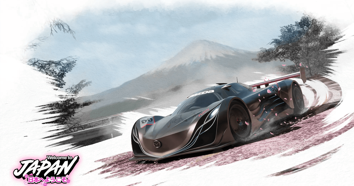 Forza Horizon 6 key art showing a Mazda concept car racing past Mount Fuji with cherry blossom petals and a Welcome to Japan logo