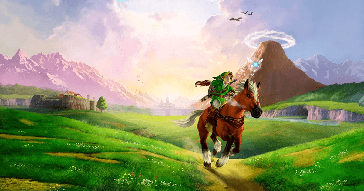 Zelda Ocarina of Time artwork showing Link riding Epona through Hyrule Field at sunset