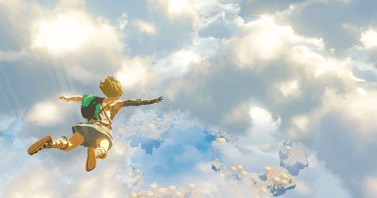 An imagine of Link from Zelda tears of the kingdom falling from the sky