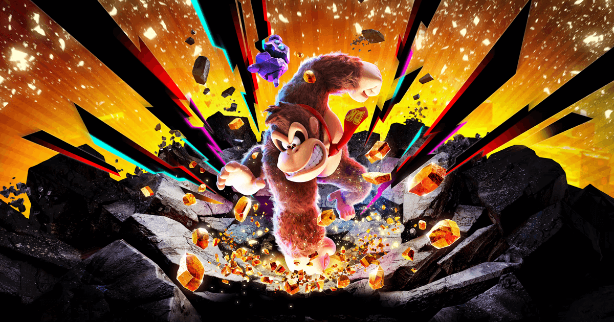 Donkey Kong Bananza Key Art showing Donkey Kong smashing stuff