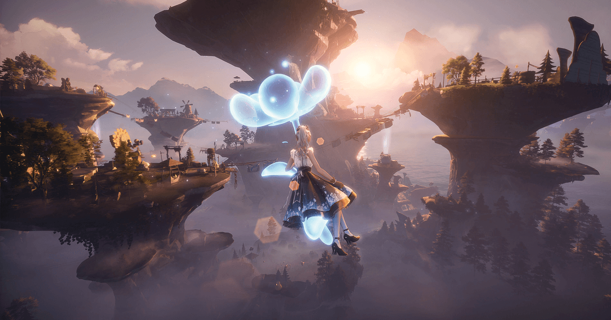 Nikki flying on a flower into a beautiful sunset