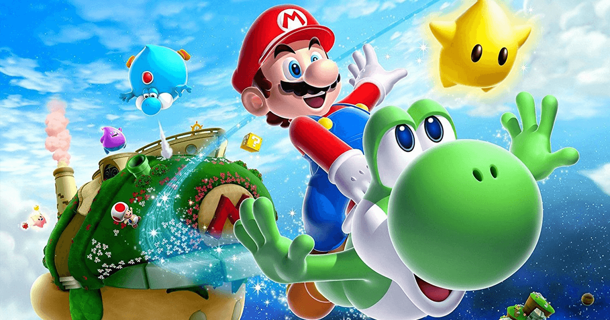 Keyart of Super Mario Galaxy 2 showing Mario Riding on Yoshi through the galaxy