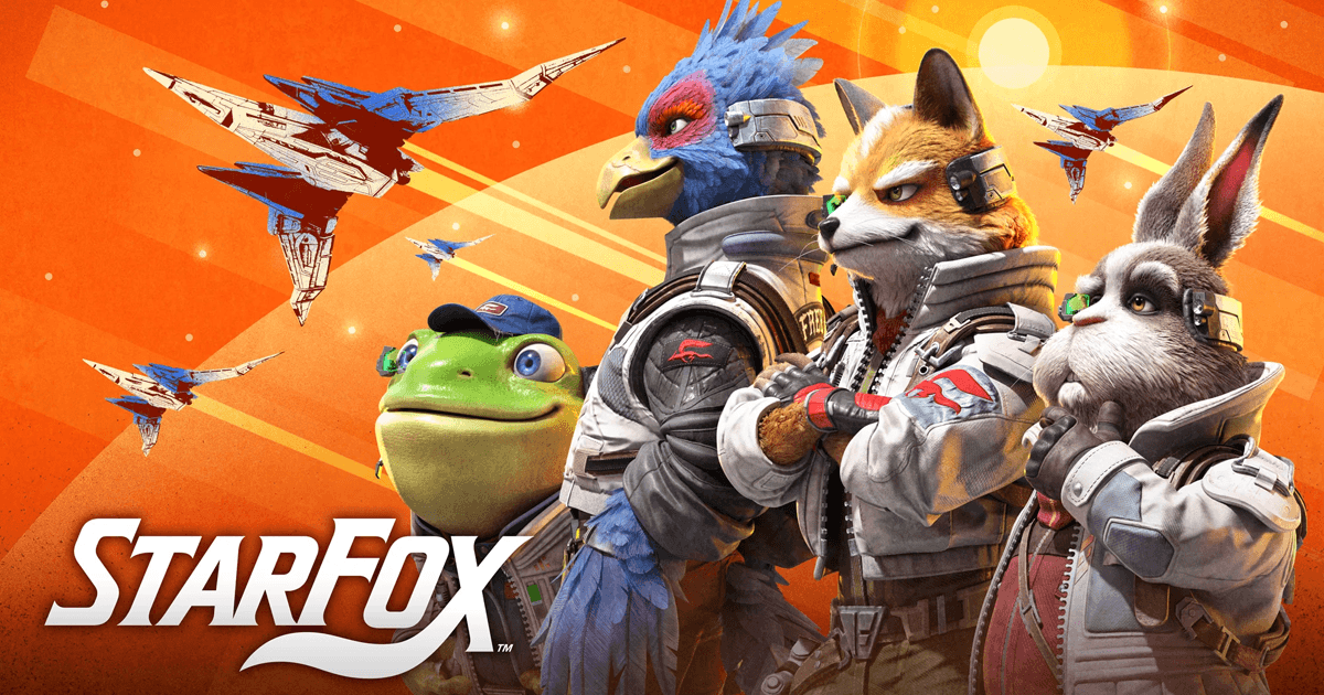 Star Fox Switch 2 key art showing Fox McCloud, Falco, Slippy and Peppy with their Arwing ships on an orange background