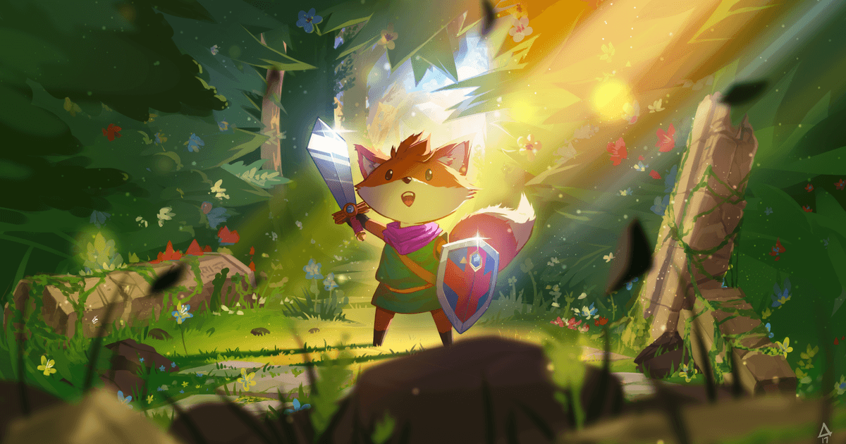 Tunic key art showing the fox character holding a glowing sword and shield in a sunlit forest